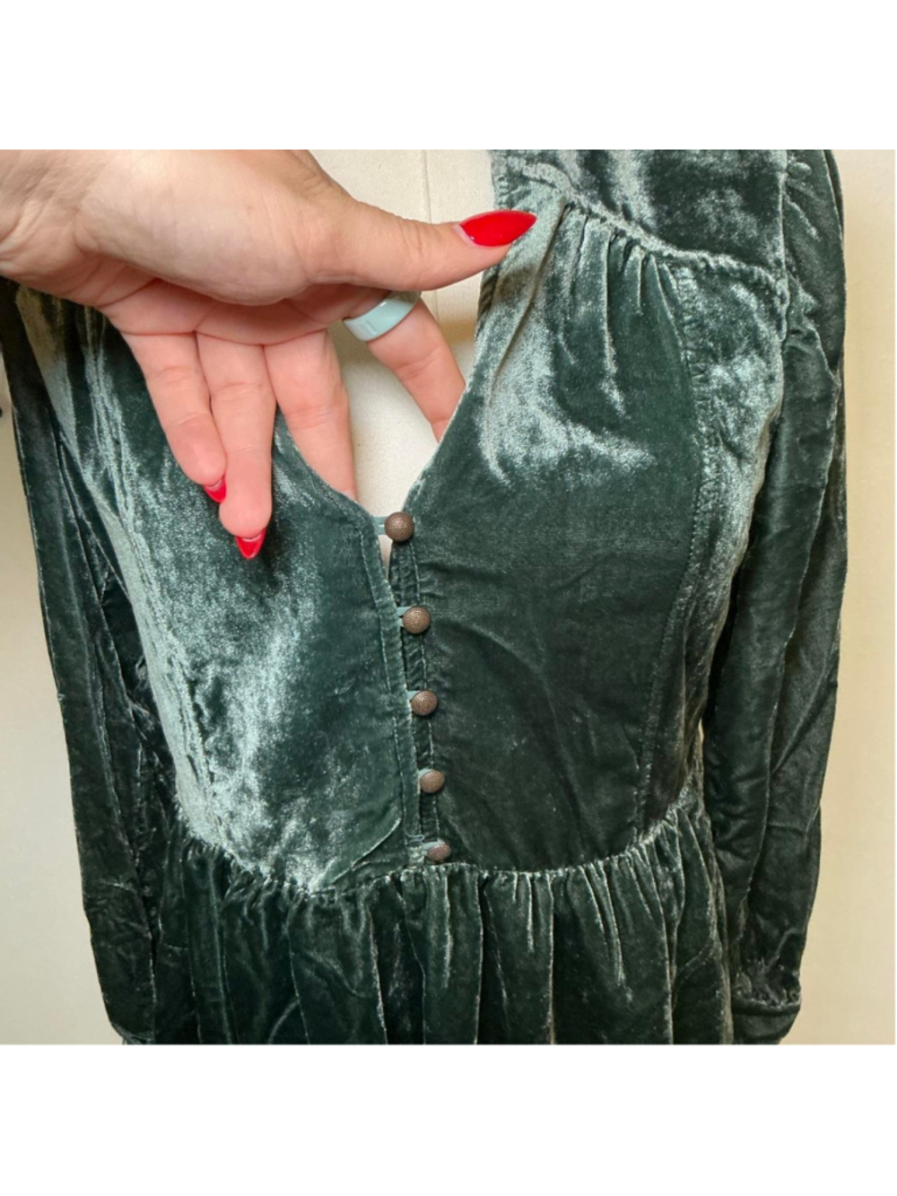 Holding Horses Green Velvet Babydoll Dress XS Cottagecore Boho Mini Dress - Picture 3 of 5